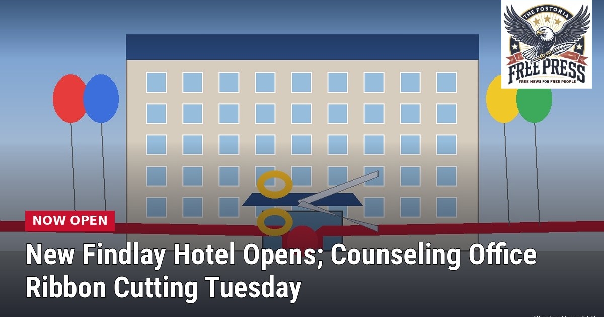 Illustration of a red ribbon and giant scissors in front of a new multi-story hotel with balloons, with headline: New Findlay Hotel Opens; Counseling Office Ribbon Cutting Tuesday